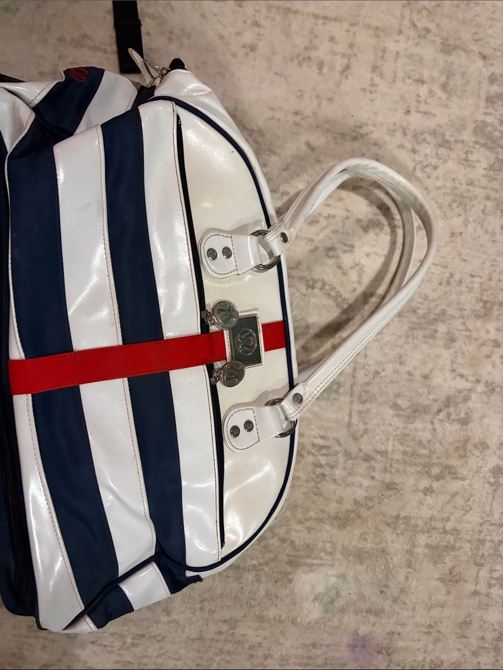 lululemon athletica White, Navy & Red Striped Duffel
